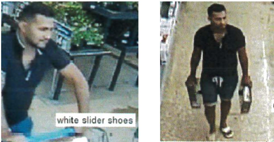 Photo collage of theft suspect wearing black polo shirt, dark colored draw string shorts and slip on shoes with white socks